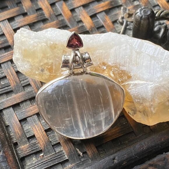 Selenite & Garnet Sterling Silver Pendant - Picture 3 of 9